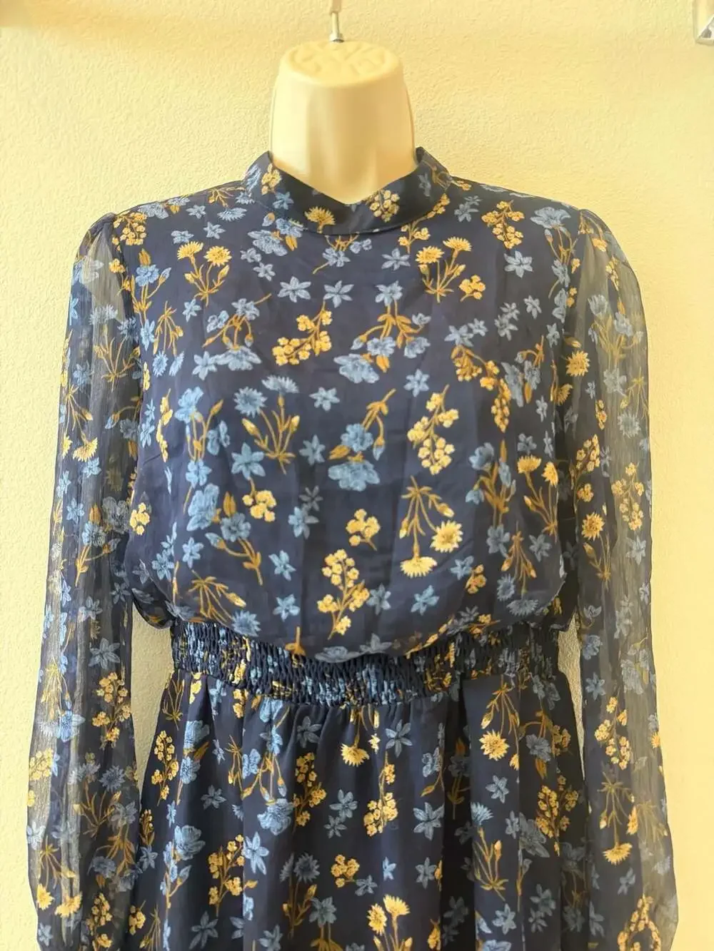 Allegra K Smocked Waist Sheer Sleeve Ruffle Layered Floral Chiffon Mini Dress